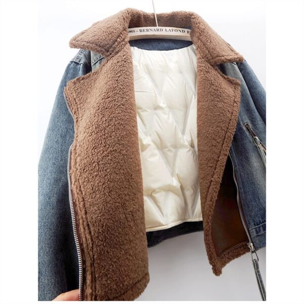 Lamb Wool Stitching Lightweight Down Liner Fleece-lined Denim Coat Women's Short Top Jacket - Image 6