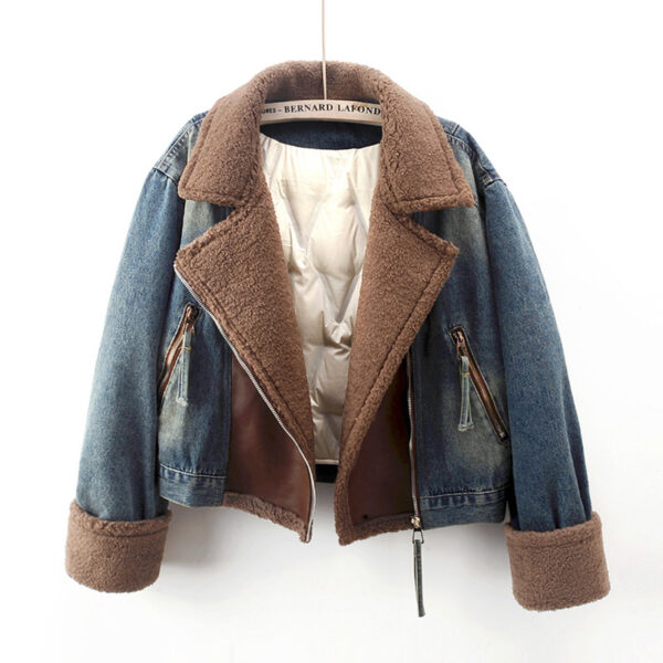 Lamb Wool Stitching Lightweight Down Liner Fleece-lined Denim Coat Women's Short Top Jacket - Image 3