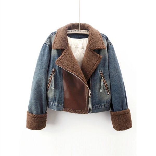 Lamb Wool Stitching Lightweight Down Liner Fleece-lined Denim Coat Women's Short Top Jacket - Image 4